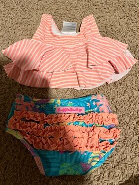 Ruffle Butts Coral Stripe Ruffle Top & Teal Floral Ruffle Bikini Bottoms